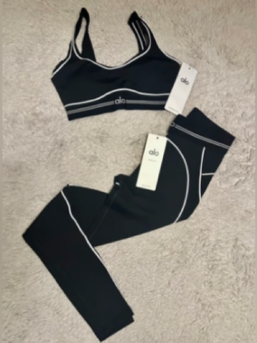 ALO Yoga Black Track Pants & Sports Bra Set with White Piping